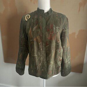 CHICOS Olive Bazaar Embelished 100% Cotton Print Jacket Blazer Sz Chicos 1 US M